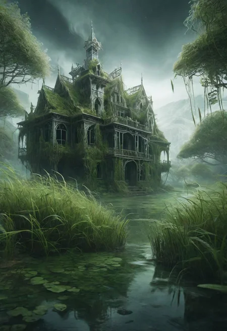 hd, 8k, masterpiece, award winning illustration of an abandoned mansion covered with grass in a swamp, dungeons and dragons style, fantasy, group of adventurers outside, intricate details, heroic fantasy, spooky, fandist, GhostlyStyle