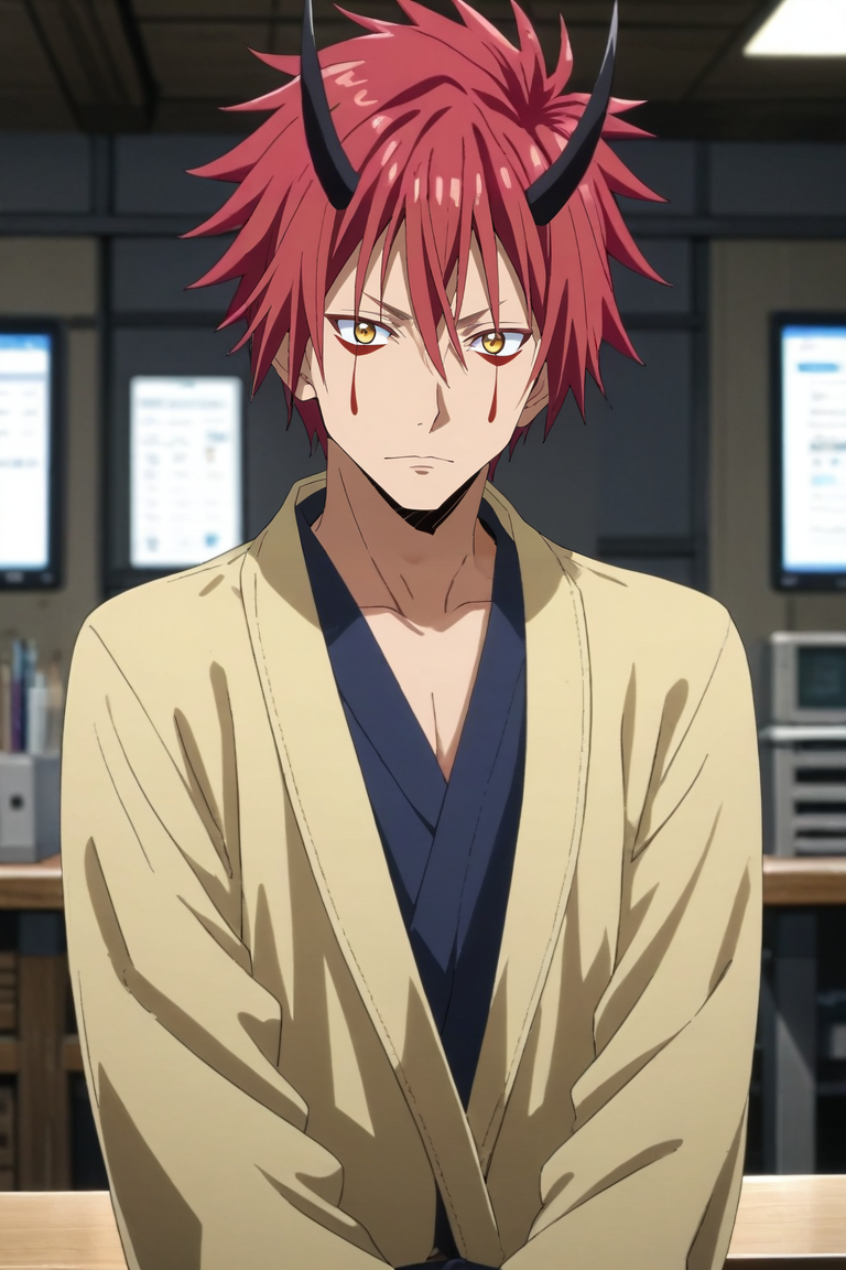 score_9, score_8_up, score_7_up, source_anime, rating_safe, , (3d:0.4), looking at viewer, depth of field, 1boy, solo, male focus, <lora:benimaru_tensura_pony:0.84>, benimaru_tensura, red hair, yellow eyes, hair between eyes, horns, oni horns, facial mark, asymmetrical, workshop, night, crescent moon, v arms, distracted, aloof, oblivious, , <lora:sdxl_lightning_8step_lora:1>