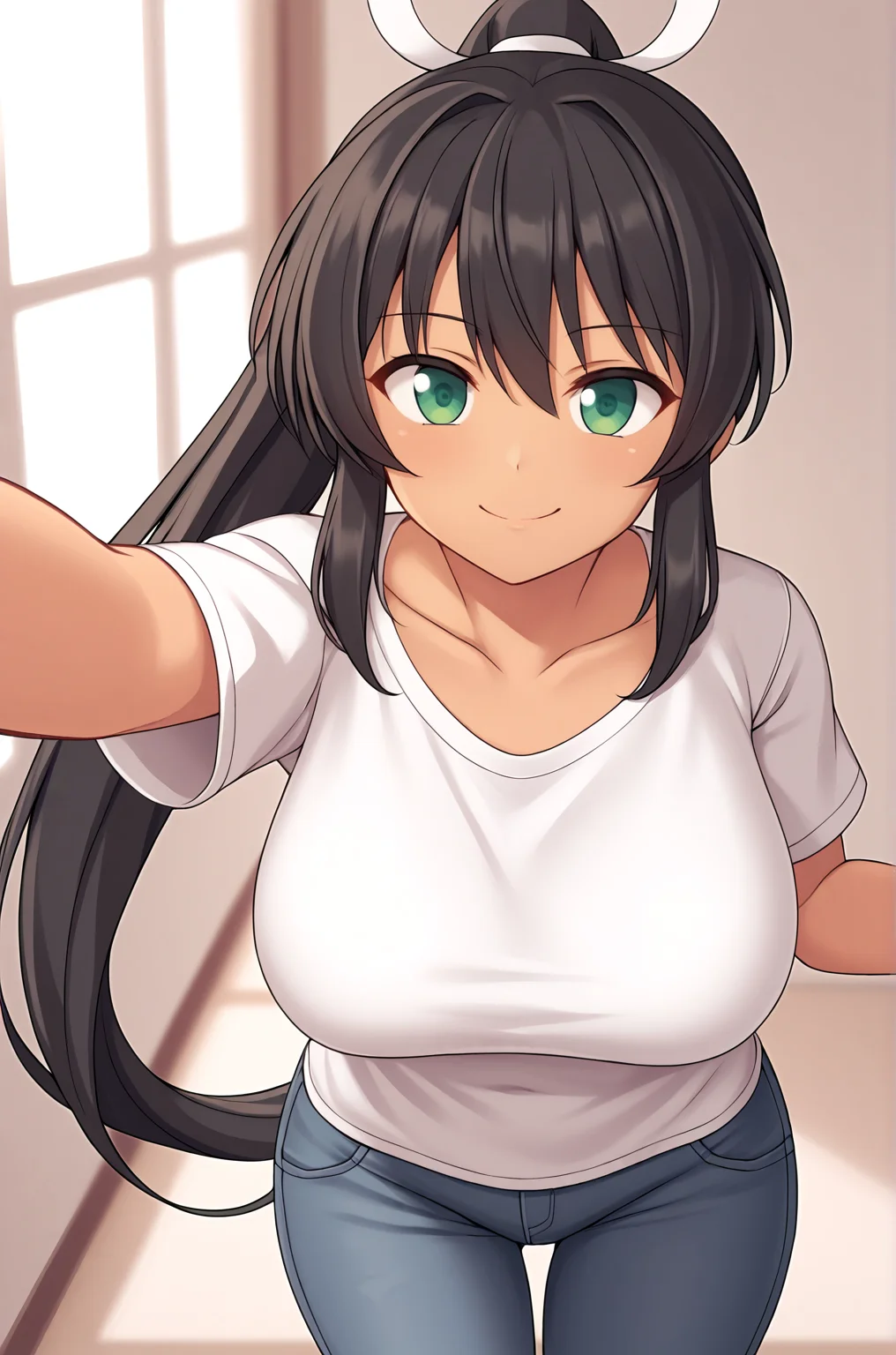 anime artwork, score_9, score_8_up, score_7_up, score_6_up, score_5_up, score_4_up, source_anime, BREAK, thick outline, fat outline,
Homura_XL, very long hair, black hair, green eyes, hair ribbon, ponytail, large breasts, tan, BREAK, homura_casual_clothes, jeans, white shirt, BREAK, selfie, from above,
<lora:Homura_XL:0.7>
<lora:PersonalAmi_PonyXL:1.0>