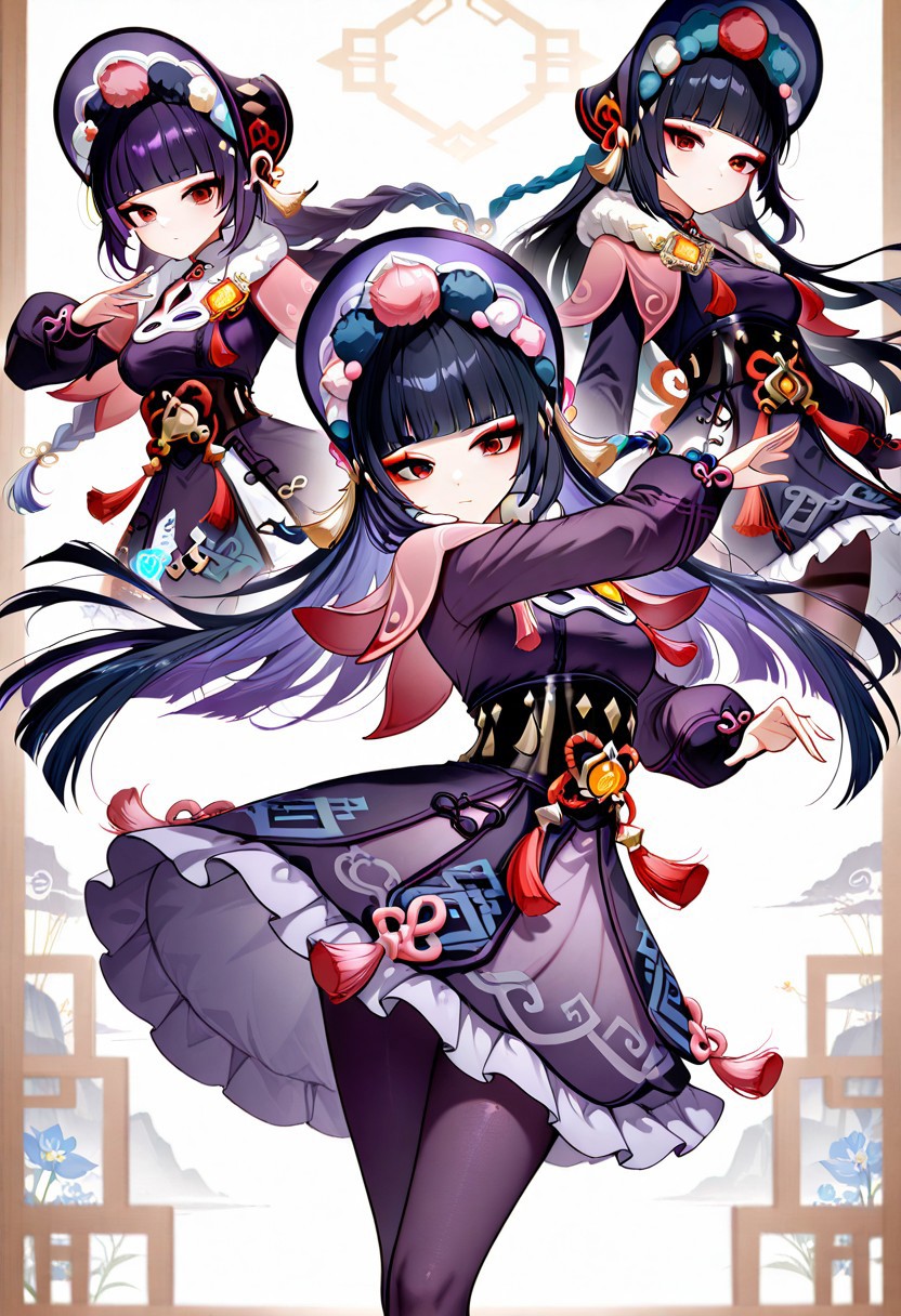 GSYunJin, long hair, breasts, black hair, hair ornament, red eyes, medium breasts, blue hair, braid, purple hair, multicolored hair, blunt bangs, twin braids, makeup, tassel, eyeshadow, hime cut, red eyeshadow,
long sleeves, dress, hat, pantyhose, frills, puffy sleeves, black dress, black pantyhose, fur trim, black headwear, capelet, frilled dress, multicolored clothes, puffy long sleeves, purple dress, pom pom (clothes), corset, fur collar, vision (genshin impact), purple headwear, bonnet, flower knot, purple pantyhose, black corset, pink capelet, multicolored headwear,
dynamic pose,