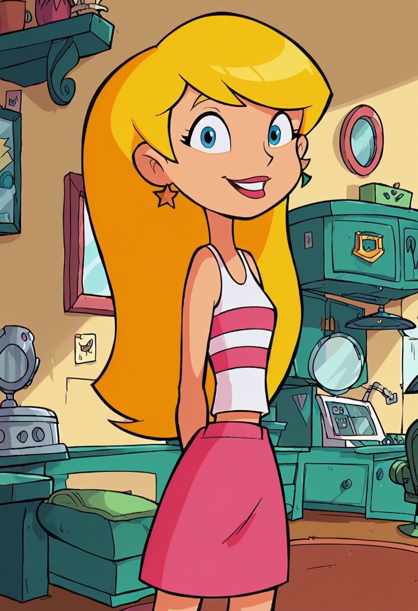 1girl, solo, score_9, score_8_up, score_7_up, masterpiece, best quality, highly detailed, Sabrina Spellman, Sabrina The Animated Series, blonde hair, blue eyes, long hair, swept bangs, her left earring is a star, her right earring is a moon, (((mismatched earrings))), standing, indoors, living room, smile, happy, looking at viewer, arms behind back,, white tank top, pink stripe, striped tank top, midriff, pink skirt, tight skirt