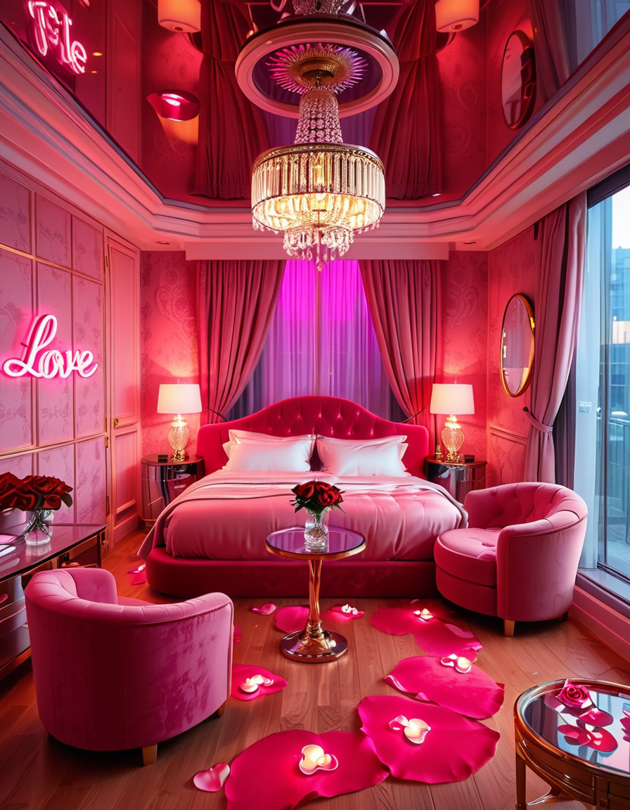 A luxurious, stylish love hotel room,love hotel r00m with a romantic and intimate atmosphere. The room features a large, round king-sized bed with silky red and black sheets, surrounded by soft, ambient lighting. Neon pink and purple LED lights illuminate the walls, creating a sensual glow. A plush velvet sofa sits near the bed, with a glass-topped coffee table holding champagne glasses and a chilled bottle of champagne. The ceiling has a large mirror, reflecting the entire room. On one side, thereâs a floor-to-ceiling window with sheer curtains, showing the night cityscape in the background. A modern jacuzzi tub with rose petals floating on the water is visible in the corner, surrounded by candles. The room has a sleek, modern design with a touch of opulence, including gold accents on the furniture and warm wooden floors. The lighting is dim and moody, emphasizing the romantic ambiance.
<lora:SDXLFaeTastic2400:0.4> <lora:extremely_detailed:0.4> extremely detailed, <lora:love_hotel_r00m:1>, Masterpiece,best quality,hi res,8k,hi res,8k,award winning,(sharp focus, intricate, highly detailed),