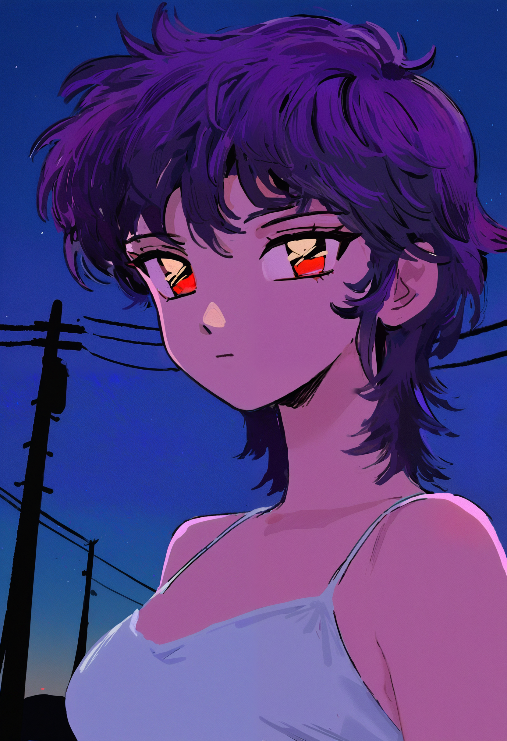 <lora:eXZvdG9ybw==-noobaiXLNAIXL_epsilonPred_V110_V1-CAME>, eXZv, 1girl, solo, short hair, looking at viewer, red eyes, retro artstyle, film grain, upper body, sky, breasts, utility pole, night, white camisole, closed mouth, medium breasts, purple hair, outdoors, messy hair, bare shoulders, camisole, from side, spaghetti strap, black hair, night sky, white tank top, expressionless