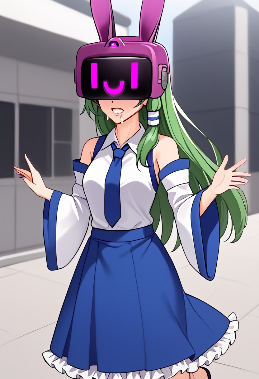 Sanae hypnotized to zombie walk,
score_9, anime, lewd, 1girl, smooth,
mind control, hypnosis, zkovisor, hypnotic visor, helmet, rabbit ears, :), drooling,
walking, (outstretched arms), straight arms, arms raised, arms held out in front, zombie walking, solo, side view,
kochiya sanae, green hair, long hair, green eyes, hair tubes, collared shirt, white shirt, detached sleeves, wide sleeves, blue skirt, frilled skirt