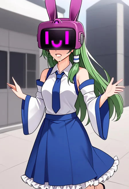Sanae hypnotized to zombie walk,
score_9, anime, lewd, 1girl, smooth,
mind control, hypnosis, zkovisor, hypnotic visor, helmet, rabbit ears, :), drooling,
walking, (outstretched arms), straight arms, arms raised, arms held out in front, zombie walking, solo, side view,
kochiya sanae, green hair, long hair, green eyes, hair tubes, collared shirt, white shirt, detached sleeves, wide sleeves, blue skirt, frilled skirt