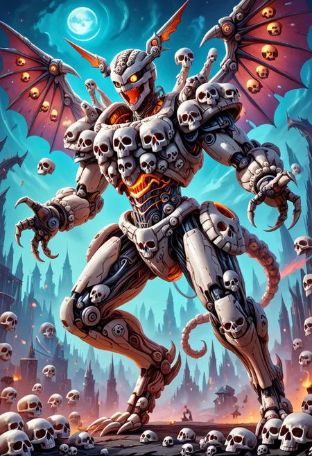 slimes_skullwm, score_9, score_8_up, score_7_up, masterpiece, best quality, ultra-detailed, ultra-detailed eyes, very aesthetic, giant robot made of skulls, floating skulls, shoulder armor made of skulls, mecha claw arms, mecha claw feet, open mouth, wings made of bones, dark city background, dark,