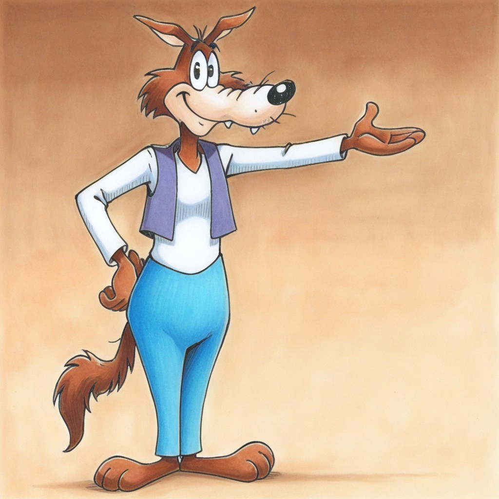 hand on hip, Tall_Anthro_Wolf, white shirt, barefoot, Standing, smile, full body, Tall, traditional media, Wilford Wolf
