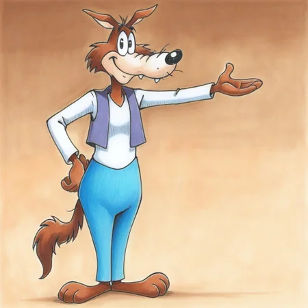 hand on hip, Tall_Anthro_Wolf, white shirt, barefoot, Standing, smile, full body, Tall, traditional media, Wilford Wolf