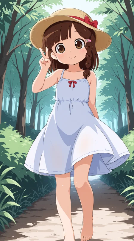 masterpiece, best quality, amazing quality, very aesthetic, absurdres, best quality, 4k, upscale, outdoors, nature, landscape, dynamic pose, bare foot, flat chest, ribbon, bare shoulders, red ribbon, v, hat, sundress, white dress, riri, 1girl, brown hair, solo, braid, brown eyes, hair ornament, hairclip, bangs, blue dress, side braid, blunt bangs, single braid, <lora:Riri_ILv2:0.8>