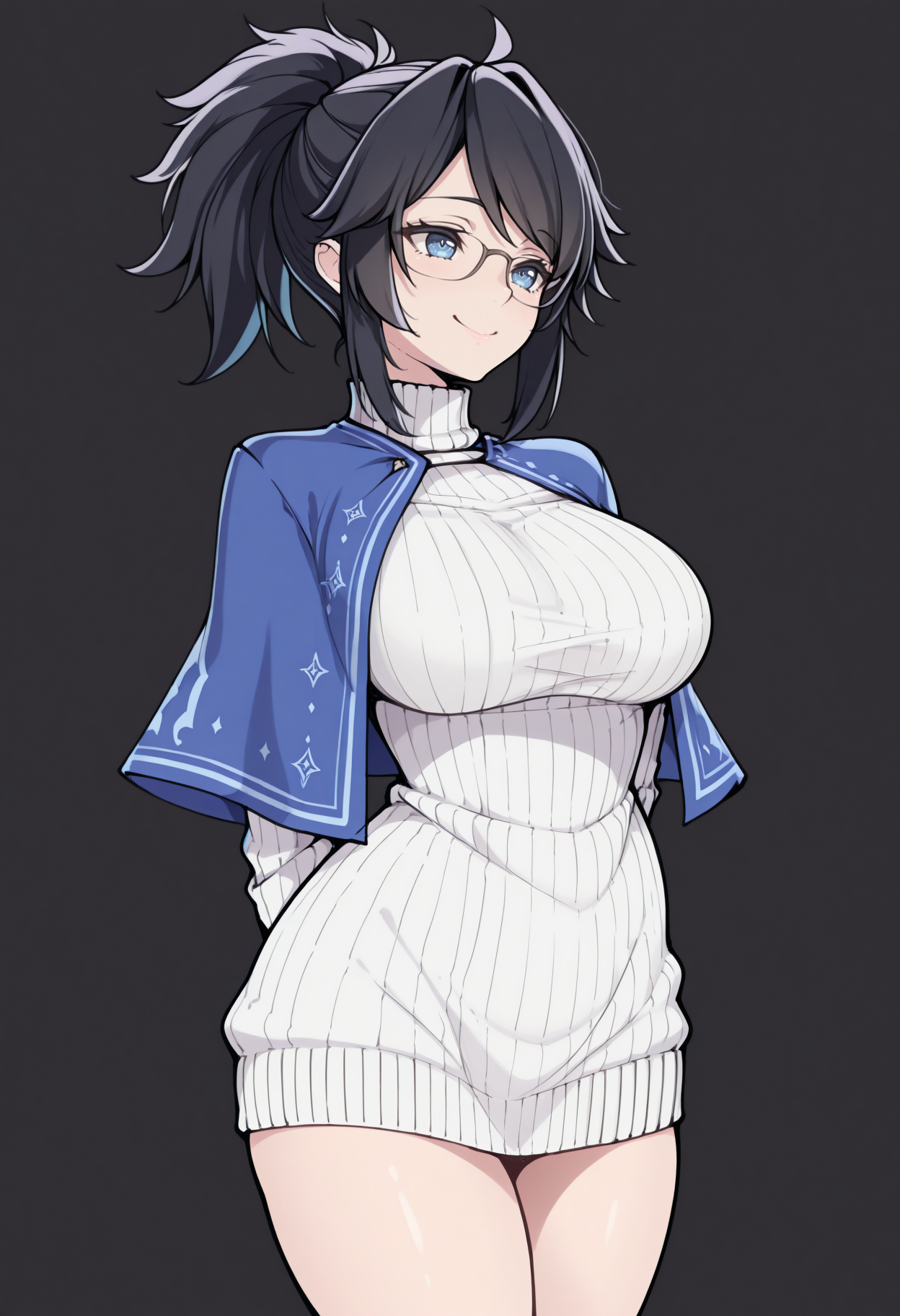 masterpiece, best quality, 1girl, solo, Ks0n, black hair, blue eyes, ponytail, glasses, lineart, sketch, turtleneck dress, ribbed sweater, white sweater dress, thighs, blue capelet, smile, arms behind back, smile, simple background, black background, <lora:ChamKsonIllustriousXL:1>