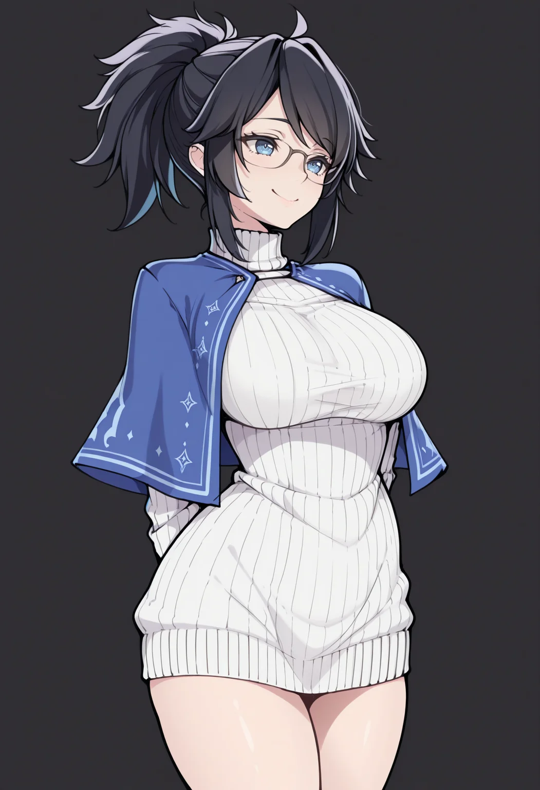 masterpiece, best quality, 1girl, solo, Ks0n, black hair, blue eyes, ponytail, glasses, lineart, sketch, turtleneck dress, ribbed sweater, white sweater dress, thighs, blue capelet, smile, arms behind back, smile, simple background, black background, <lora:ChamKsonIllustriousXL:1>