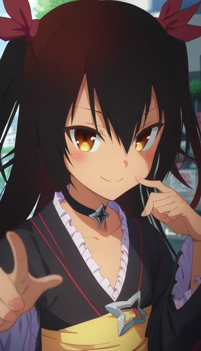 score_9,score_8_up,score_7_up,score_6_up BREAK official art,solo,outdoors,upper body,looking at viewer,facing viewer,smile,blush,Nemesis,dark skin,very long hair,black hair,two side up,hair ornament,hair bow,hair ribbon,red ribbon,hair between eyes,parted bangs,brown eyes,choker,collarbone,japanese clothes,black kimono,frills,yellow sash,long sleeves,wide sleeves,furisode,flat chest,star (symbol),purple skirt,pleated skirt,sandals,<lora:Nemesis(tlr)-Pony:1.6>,