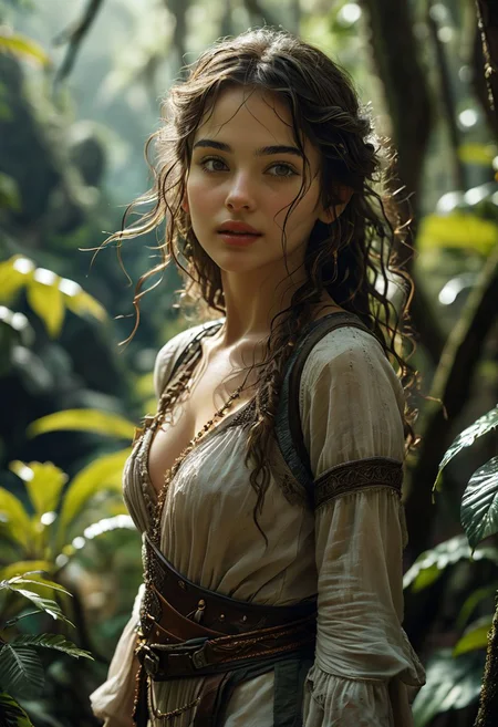 (1girl) stunning realistic detailed candid full body photo of a cute Turkish girl, amidst the muggy coastal jungle of a tropical paradise she explores in wonder, (she wears the robust garb of a medieval-fantasy rogue adventurer), her flowing hair is slightly damp and messy from the humidity, she is short and petite, her body is lithe, a testament to her love for dancing and acrobatics, her pretty face is soft and gentle, this captivating realistic travel photo highlights the girl's yearning for adventure and evokes a sense of calm and sensuality amidst the teeming wilderness, from side, film camera, film grain, (art by mooncryptowow), shot on 50mm lens at f/2.8 aperture, bokeh, (perfect eyes)