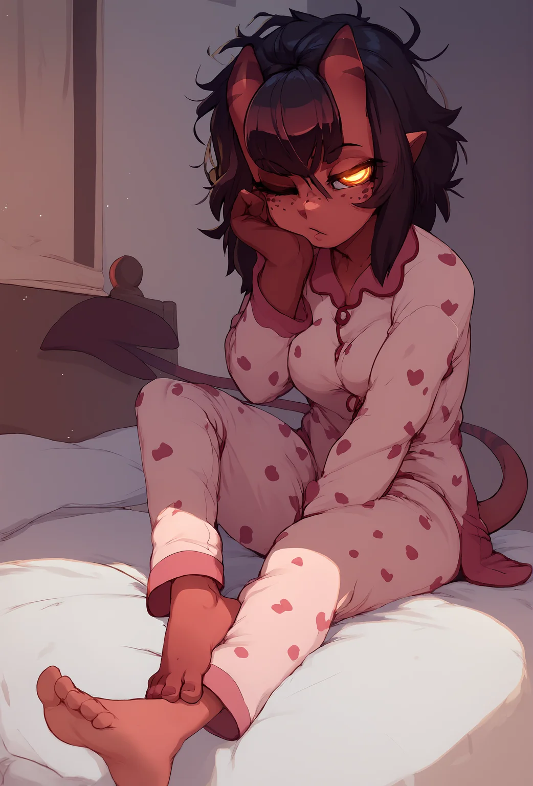 score_9, score_8_up, score_7_up, score_6_up, score_5_up, score_4_up, bedroom, crepuscular ray BREAK
<lora:meru_succubus_ponyxl_v1_unet:0.75> meru, 1girl, solo, looking at viewer, freckles, medium breasts, pajamas, messy hair, sitting, half-closed eyes, one eye closed, barefoot, feet BREAK
<lora:k-rha_ponyxl_v1:1>