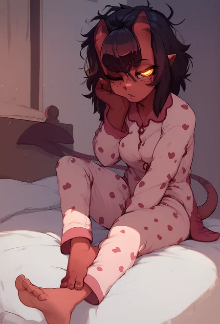score_9, score_8_up, score_7_up, score_6_up, score_5_up, score_4_up, bedroom, crepuscular ray BREAK
 <lora:meru_succubus_ponyxl_v1_unet:0.75> meru, 1girl, solo, looking at viewer, freckles, medium breasts, pajamas, messy hair, sitting, half-closed eyes, one eye closed, barefoot, feet BREAK
 <lora:k-rha_ponyxl_v1:1>