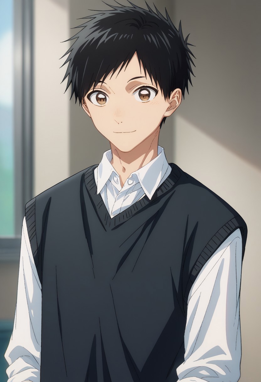 score_9, score_7_up, source_anime, 
taiki, 1boy, male focus, solo, brown eyes, black hair, short hair, school uniform, shirt, white shirt, collared shirt, vest, sweater vest, black vest, pants, blue pants, upper body, smile
indoor