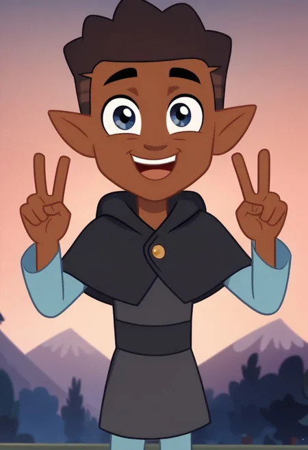 score_9, score_8_up, score_7_up, high quality,perfect anatomy, show accurate, solo,1boy, school background,
brown skin and dark brown hair with lighter shades, pointy ears, dark blue eyes, gray tunic with a dark gray belt, cowl, and boots, light blue sleeves and leggings,happy, , looking at viewer, double v