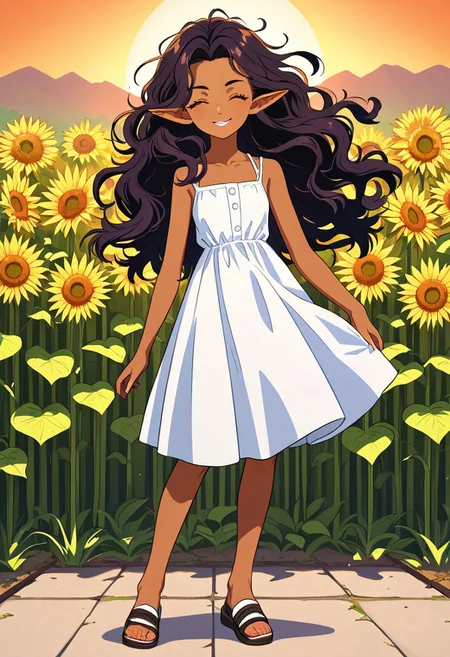 kanekostyle, lipstick, eye shadow, eyelashes, elf, dark skin, short, petite, sundress, strawhat, happy, looking at viewer, facing viewer, dark hair, wavy hair, messy hair, sandals, sunflowers, sunset