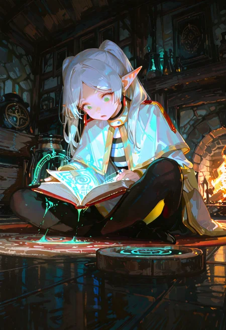 masterpiece, best quality, ultra-HD, volumetric lighting, absurdres, lowlighting , realistic body, highres, absurdres, full_body,
1girls, frieren, green eyes,Frieren indoors, sitting on floor, reading floating spellbook, mixing potions, glowing runes on floor, wooden cabin, fireplace, herbs hanging, magic circles on walls, shocked,surprised, , looking down, open_mouth,  black_pantyhose, no_shoes,  <lora:people's_work:1>  <lora:USNR STYLE_XL_lokr:1>