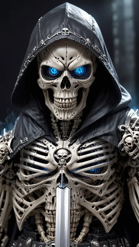 (masterpiece:1.2), best quality, high resolution, perfect lighting, extremely detailed, (Terminator assasin), battle scared white and black carbon armor, Wearing a dark cloak with hood, skull face just visable under hood, full_armor, humanoid, Metal Human skull head, (extreme detailed micro mechcanical scary Metal human skull design). Samurai sword shinning silver, Runes decorative embossments over his cloak, slim muscular body fast agile and stealthy, <lora:Hired_Cyborg_Assasin_XL_-_By_DICE:1>