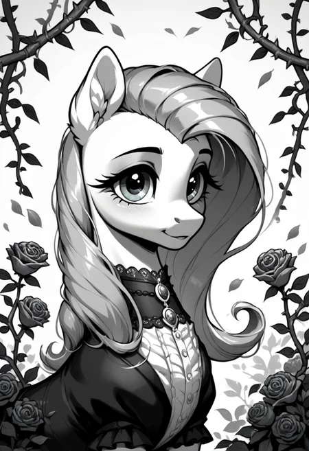 core_9, score_8_up, score_7_up, score_5_up, source_anime, Fluttershy, a beautiful and melancholic pony with an elegant gothic appearance, depicted in black and white art style. She is adorned with thorny rose vines around her head, with roses blooming among the thorns. The composition is framed with intricate geometric patterns, emphasizing her graceful yet somber pose. Her expression is reflective and slightly sorrowful, with detailed mane flowing gently around her. The background is dark and textured, featuring faint glowing orbs and shadowy branches, creating a mysterious and enchanting atmosphere. Ultra-detailed, high contrast, painterly monochrome style, equine features emphasized.