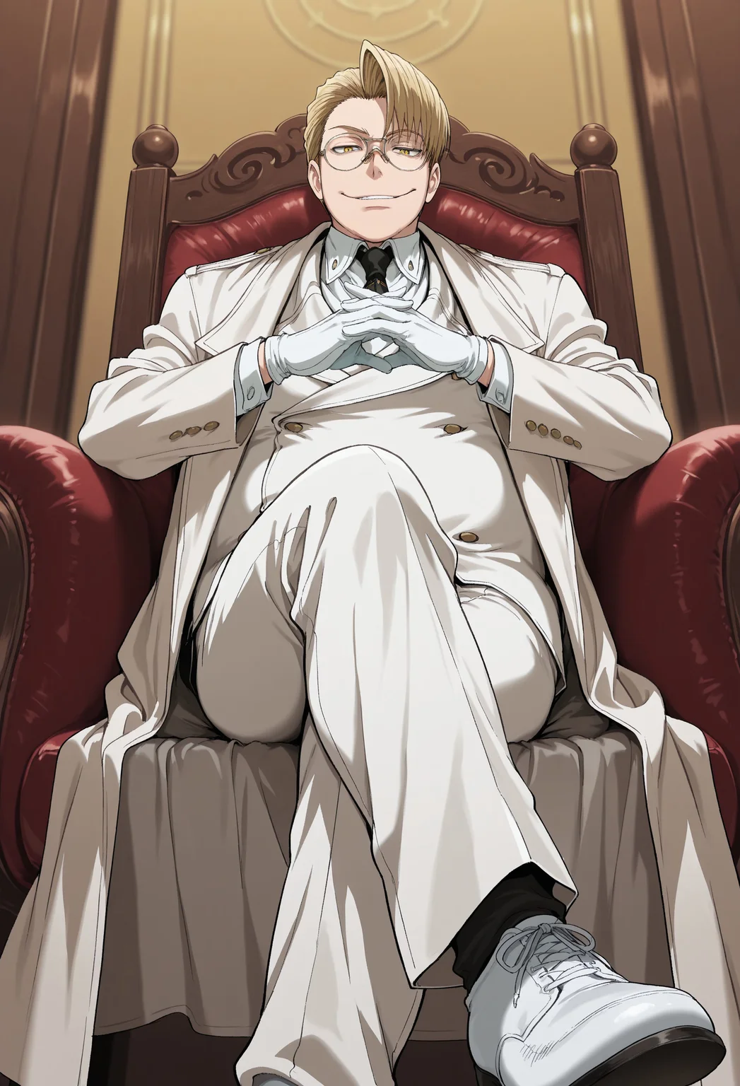 score_9, score_8_up, score_7_up, masterpiece, best quality, amazing quality, very aesthetic, absurdres, 1boy, solo, male focus, blonde hair, short hair, hair slicked back, yellow eyes, glasses, round eyewear, fat, white overcoat, white jacket, white shirt, collared shirt, black necktie, white gloves, white pants, white shoes, sitting, chair, crossed legs, interlocked fingers, evil smirk, looking at viewer, perspective,