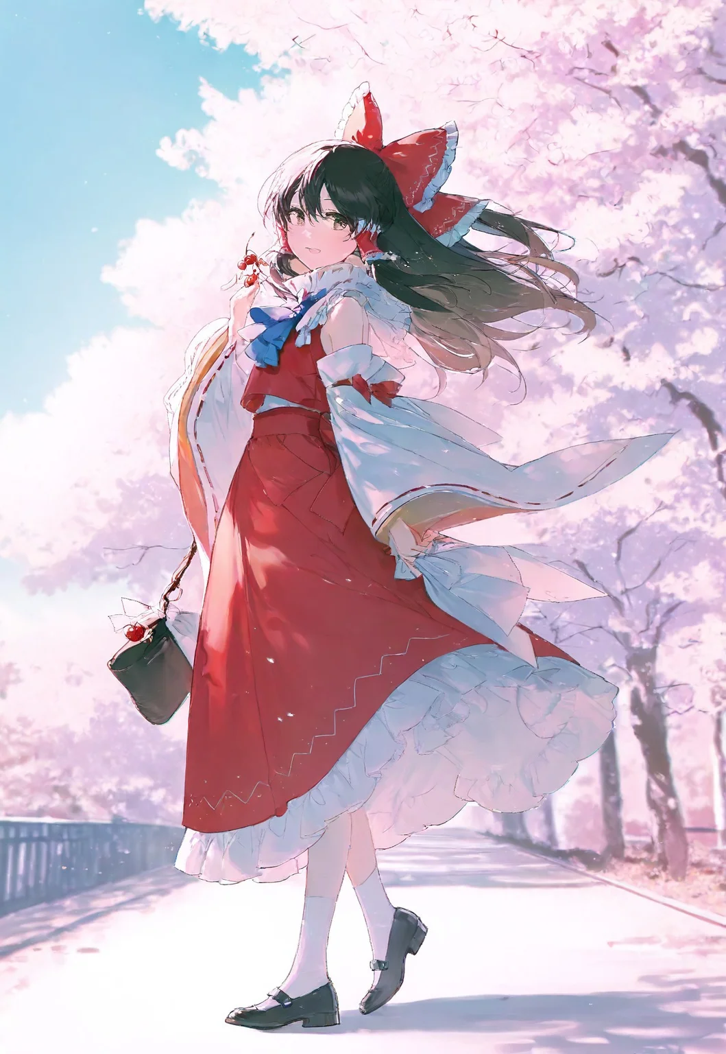 (rella:1.2), touhou, hakurei reimu, 1girl, ascot, black hair, blue ascot, bow, brown eyes, closed mouth, detached sleeves, frilled bow, frilled hair tubes, frills, hair bow, hair tubes, long hair, mary janes, red bow, red skirt, ribbon-trimmed sleeves, ribbon trim, shoes, sitting, skirt, skirt set, socks, solo, white socks, bag, blurry, blurry background, cherry, cherry blossoms, chromatic aberration, cloud, day, fence, floating clothes, floating hair, flower, from side, full body, gradient bow, gradient bowtie, hair flower, holding, holding bag, looking at viewer, open mouth, pale color, road, smile, solo, standing, tree

, light, light particles