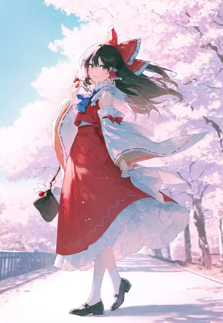 (rella:1.2), touhou, hakurei reimu, 1girl, ascot, black hair, blue ascot, bow, brown eyes, closed mouth, detached sleeves, frilled bow, frilled hair tubes, frills, hair bow, hair tubes, long hair, mary janes, red bow, red skirt, ribbon-trimmed sleeves, ribbon trim, shoes, sitting, skirt, skirt set, socks, solo, white socks, bag, blurry, blurry background, cherry, cherry blossoms, chromatic aberration, cloud, day, fence, floating clothes, floating hair, flower, from side, full body, gradient bow, gradient bowtie, hair flower, holding, holding bag, looking at viewer, open mouth, pale color, road, smile, solo, standing, tree
, light, light particles