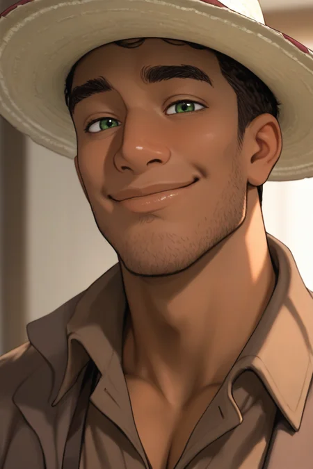 expressive manly face, shadow, dynamic angle, intricately detailed, depth of field, masterpiece, best quality, amazing quality, very aesthetic, absurdres, newest, very awa, 1boy, make focus, solo,coralkenny,dark skin,brown hair,green eyes,hat, brown collared shirt, close-up, portrait shot, smile