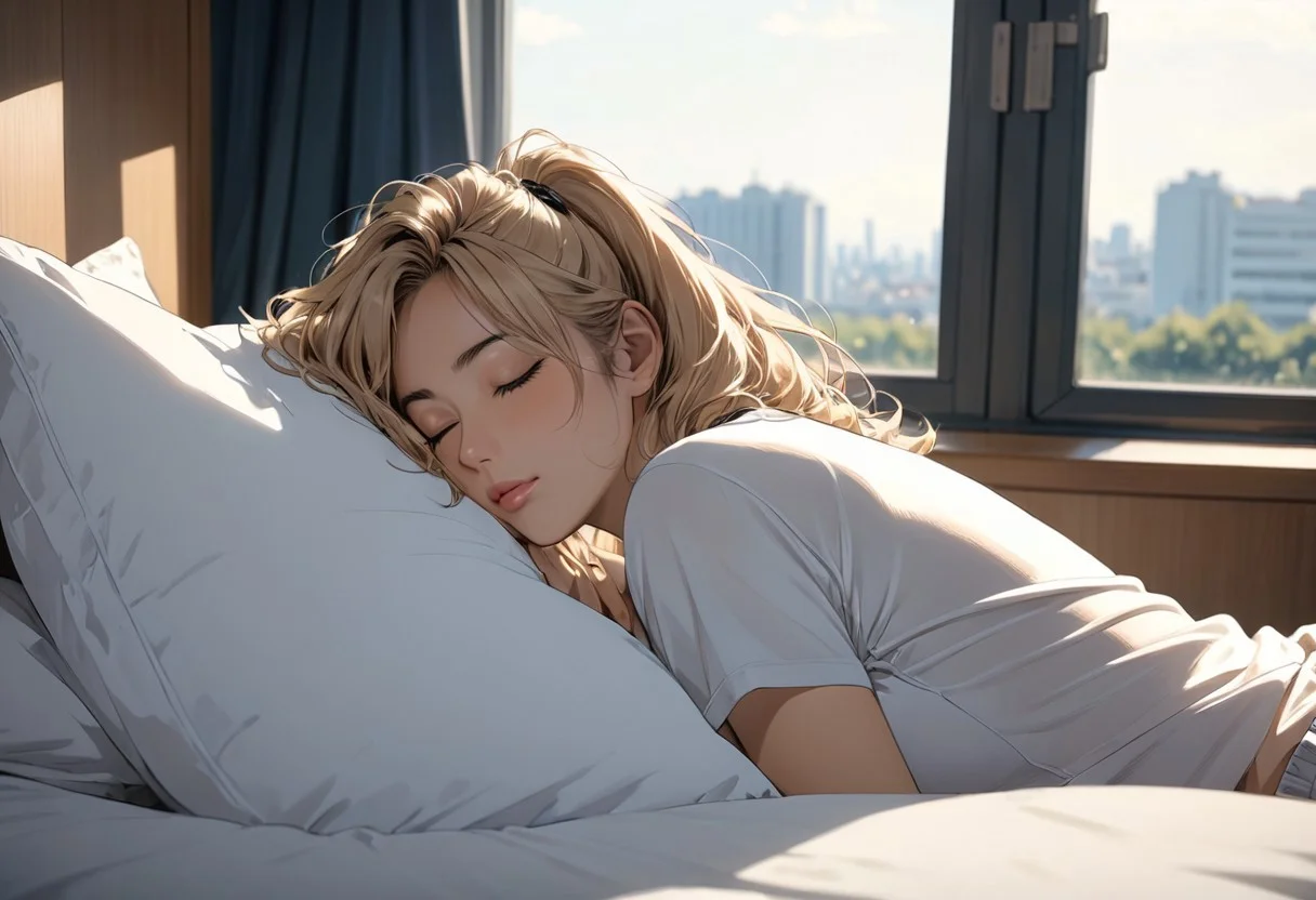 (anime, masterpiece, intricate:1.3), (best quality, hires textures, high detail:1.2), (4k),(incredibly detailed:1.4), perfect anatomy, correct sense of scale, side lighting, feminine body, shiny skin ,blond hair , curly hair, high layer, high layer long, shaggy cut, ponytail, blue eyes, marine blue eyes, drooping eyes, disheveled hair, oval-faced, slim, big breasts, constricted waist, nice body, lips, Sexy mouth, high pointed nose, (nostrils:1.3), neatly drawn nose, adult, ,1woman,woman in her 30s, beautiful fingers, beautiful white skin, Beautiful clear skin, whole body, blush, From the side,
sunlight, bright sun, hot summer day,
casual clothes, Tank top, dolphin shorts,
sleeping on a bed, eyes closed, sleeping on one's back, she is tired and sleeping,
indoor, beautiful Bed room, near Window,
no bra, covered nipples,