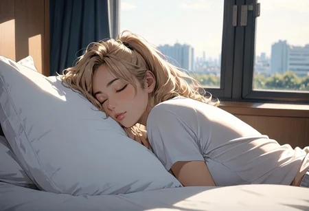 (anime, masterpiece, intricate:1.3), (best quality, hires textures, high detail:1.2), (4k),(incredibly detailed:1.4), perfect anatomy, correct sense of scale, side lighting, feminine body, shiny skin ,blond hair , curly hair, high layer, high layer long, shaggy cut, ponytail, blue eyes, marine blue eyes, drooping eyes, disheveled hair, oval-faced, slim, big breasts, constricted waist, nice body, lips, Sexy mouth, high pointed nose, (nostrils:1.3), neatly drawn nose, adult, ,1woman,woman in her 30s, beautiful fingers, beautiful white skin, Beautiful clear skin, whole body, blush, From the side,
sunlight, bright sun, hot summer day,
casual clothes, Tank top, dolphin shorts,
sleeping on a bed, eyes closed, sleeping on one's back, she is tired and sleeping,
indoor, beautiful Bed room, near Window,
no bra, covered nipples,