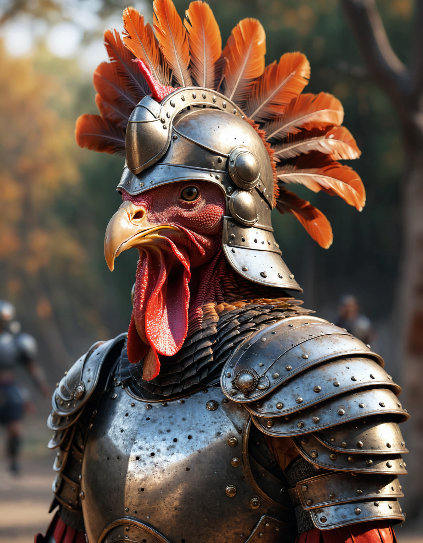 ultra realistic image of an turkey wearing gladiator armor and a helmet