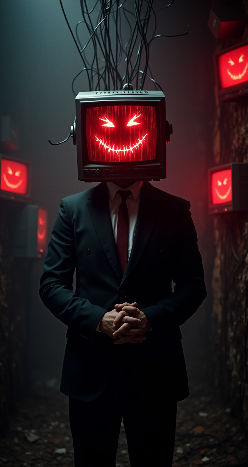 A surreal and eerie scene featuring a man with a television as his head, displaying a sinister red smiley face dripping with digital distortion. The figure is dressed in a sharp, dark suit, standing in a dimly lit, dystopian environment. Thick, black cables emerge from the back of the TV head, intertwining with the background's chaotic mess of wires and broken screens, all bathed in an ominous red glow. The manas hands are clasped together, giving off a menacing yet composed demeanor, as if he is in control of this chaotic digital landscape. The atmosphere is dark, unsettling, and charged with a sense of looming danger, aiai-Glimra