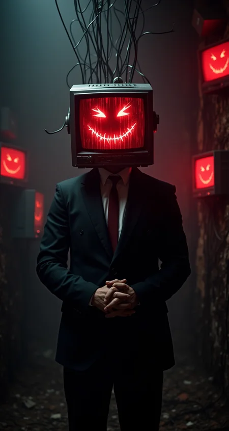A surreal and eerie scene featuring a man with a television as his head, displaying a sinister red smiley face dripping with digital distortion. The figure is dressed in a sharp, dark suit, standing in a dimly lit, dystopian environment. Thick, black cables emerge from the back of the TV head, intertwining with the background's chaotic mess of wires and broken screens, all bathed in an ominous red glow. The manas hands are clasped together, giving off a menacing yet composed demeanor, as if he is in control of this chaotic digital landscape. The atmosphere is dark, unsettling, and charged with a sense of looming danger, aiai-Glimra