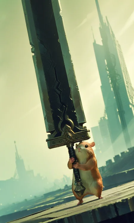 very tiny little hamster wielding giant sword skywards, off_screen, angle, determent, no_humans, <lora:illu-giant-sword:.8>, <lora:- iLL - temp_assorted_junk_V1.0-step00002500:.8>