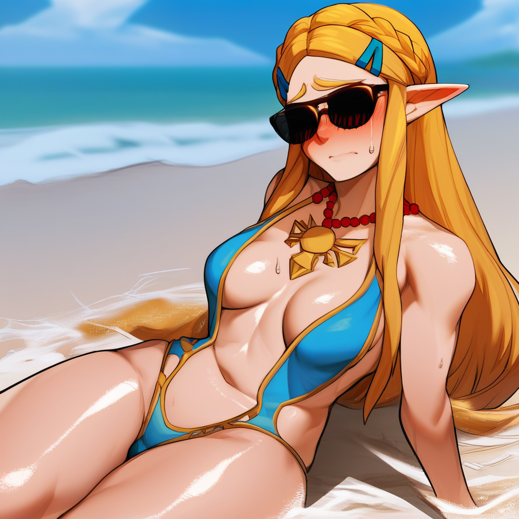 source_anime, colorful, score_9, score_8_up, score_8, 1girl, Princess Zelda, N44V5STYL3V1, BREAK, 1woman, long hair, milf, (detailed face), (detailed skin), detailed eyes, curvy, perky breasts, swimsuit, sunglasses, flushed skin, blushing, shiny skin, sweat, beach, sand, waves, water, sunlight