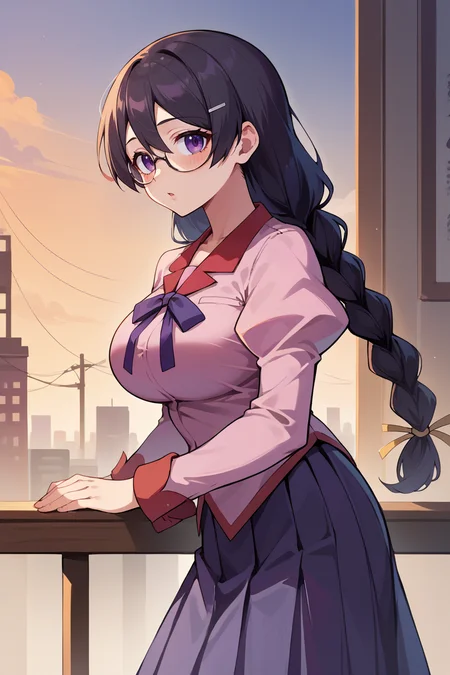 score_9, score_8_up, score_7_up, score_6_up, source_anime, BREAK 1girl, solo  <lora:tsubasa-pdxl-nvwls-v1-000005:1> defTsubasa, black hair, purple eyes, braided ponytail, glasses, school uniform, pink shirt, puffy sleeves, long sleeves, pleated skirt, from side, sunset, city, looking at you, chestnut mouth, (big breasts:0.7)
