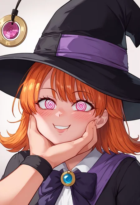 Dragon Quest Mage being hypnotized,
score_9, source anime, lewd, 1girl,
mind control, hypnotized, spiral eyes, mindless smile, looking at pendulum, hypnosis,
(cheekpinch), pov, (pendulum), pendulum hanging in front of face, pov holding coin on a string,
dq3mage, orange hair, short hair, witch hat,