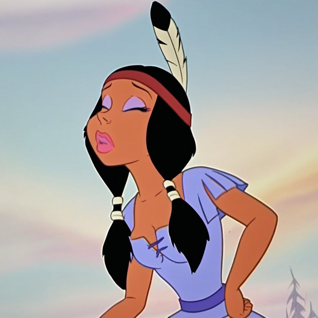 ha-tschi, native america girl, character from asterix conquers america, 1girl, solo,, black hair, dark-skinned female, closed eyes, makeup, headband, short hair, medium close-up, feather on head