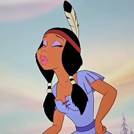 ha-tschi, native america girl, character from asterix conquers america, 1girl, solo,, black hair, dark-skinned female, closed eyes, makeup, headband, short hair, medium close-up, feather on head