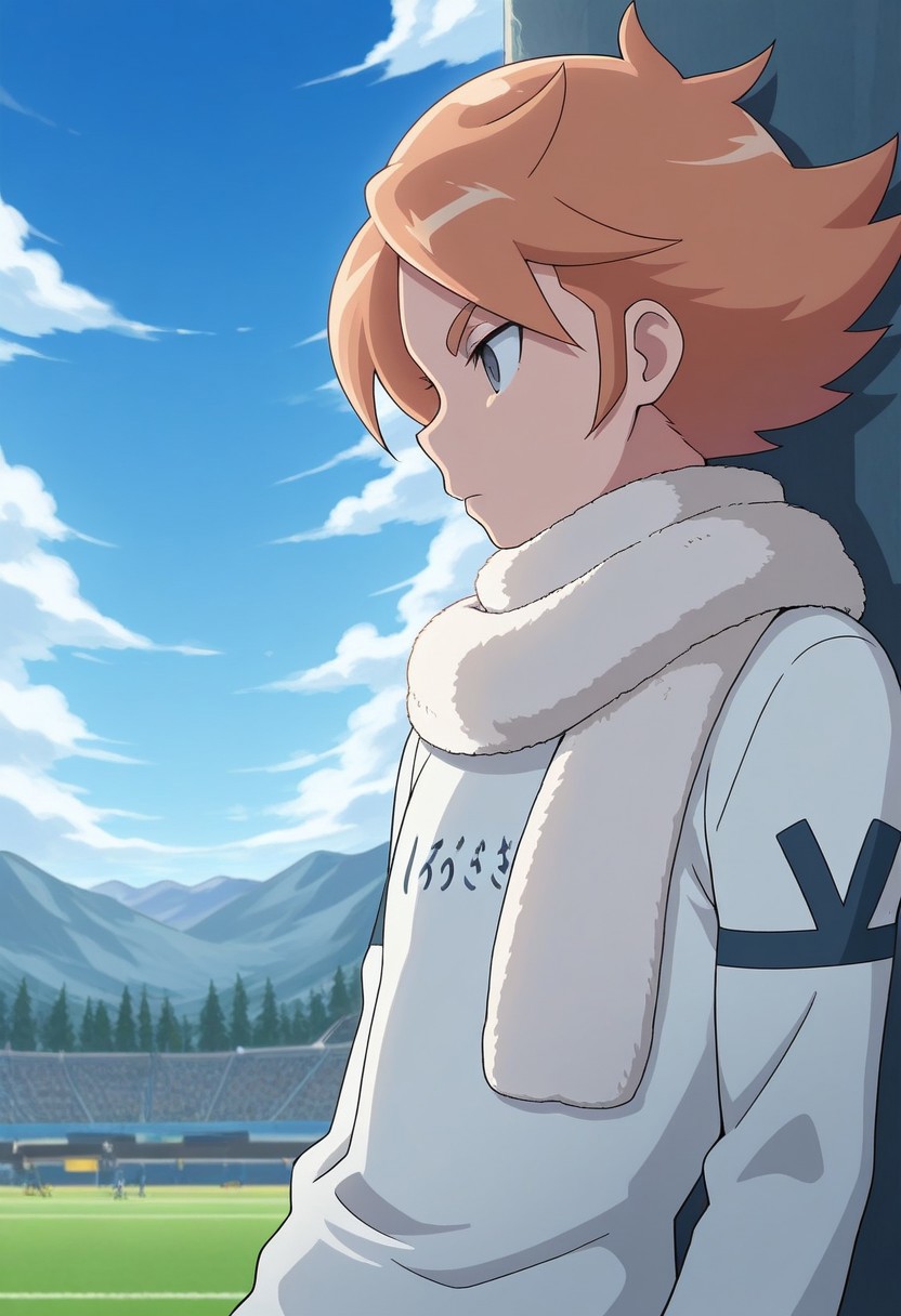 masterpiece,best quality,amazing quality, source_anime, 
FubukiAtsuya, 1boy, male focus, solo, grey eyes, orange hair, scarf, white scarf, alpine soccer unifor, shirt, white shirt,
outdoor, sky, day, clouds,