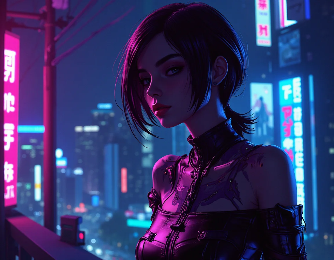 cyberpunk, by Sultan Mohammed, concept art, cyborg hourglass figure Ciri of [Change|Haste], background is night city, neon-lit, wearing Culottes and off-the-shoulder top, Dark hairstyle, Vivid, Lowbrow Art, cartoony, neon hue, shadowrun, highly detail, epic atmosphere, gorgeous, professional creative, stunning detail, confident, ambient background