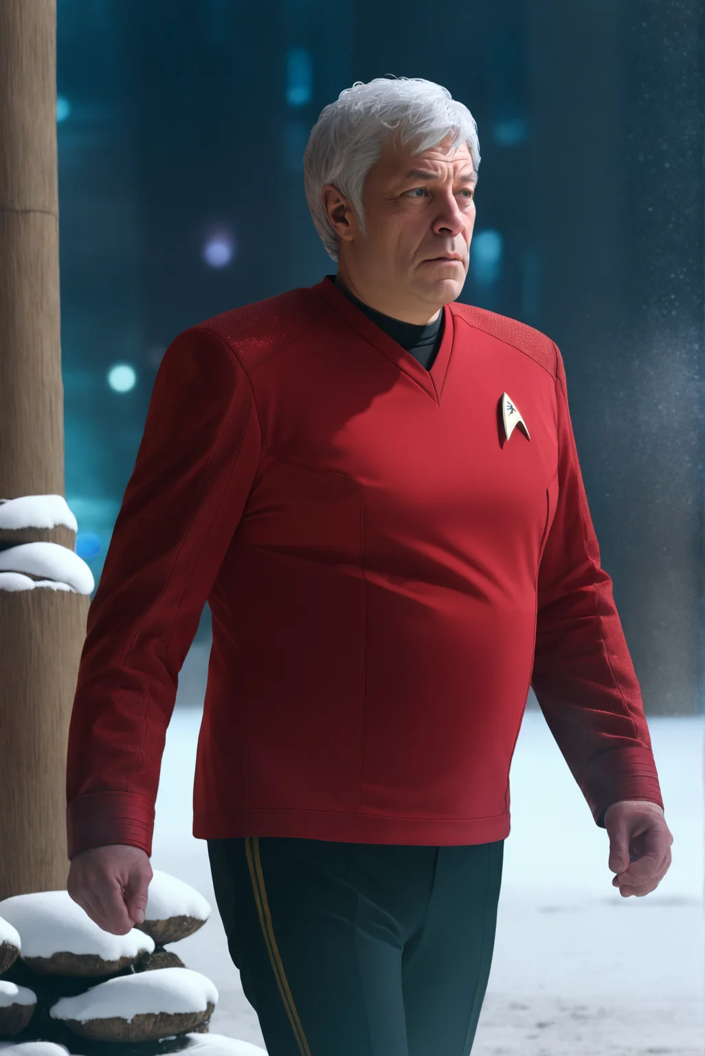fat grey haired russian,in red stsnwunf uniform,lost in a snowstorm<lora:SNWXLV2:0.8>, masterpiece, best quality, soft light, bokeh, real shadow, cinematic, subsurface scuttering
