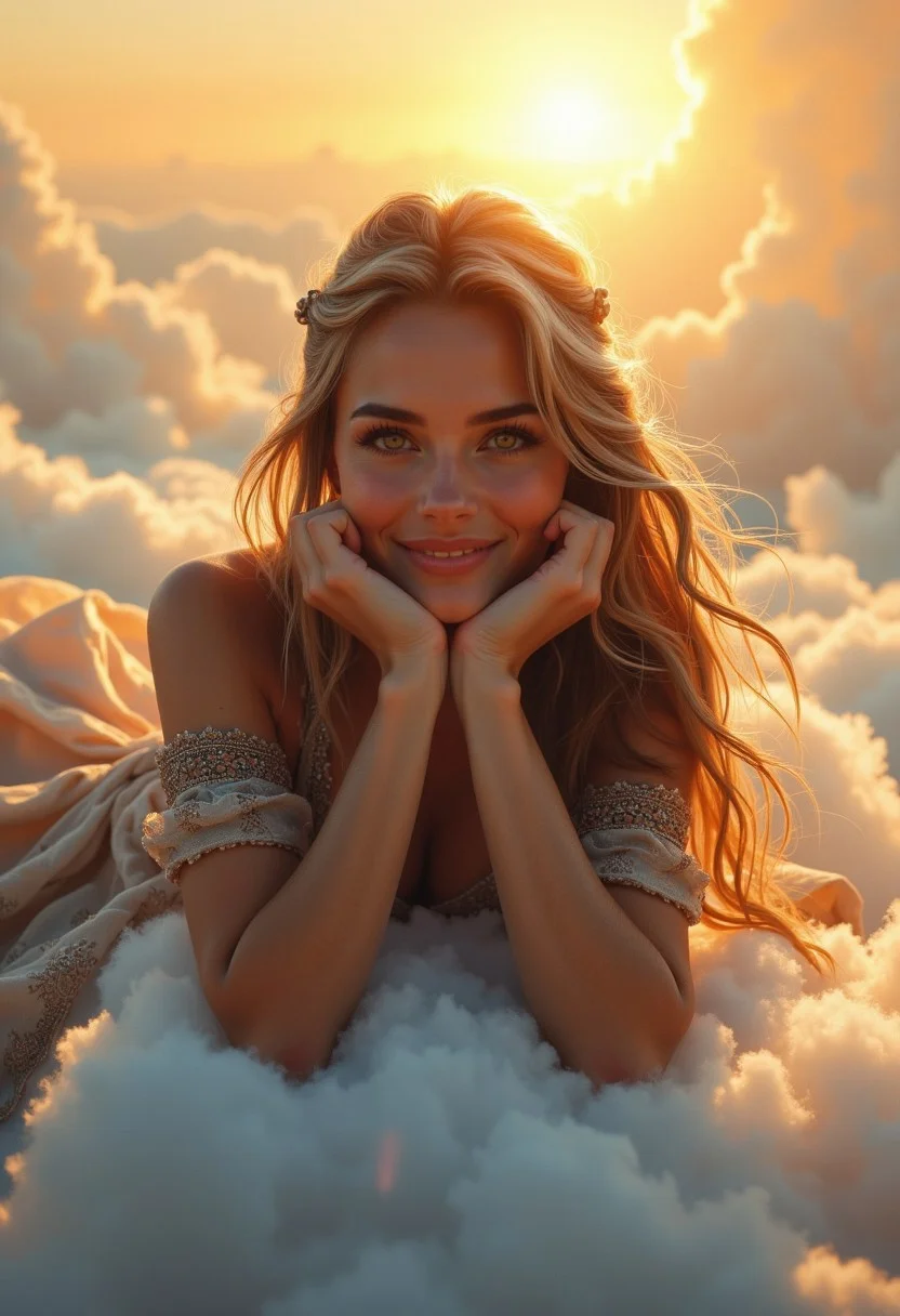 A beautiful woman lies on a cloud. lies on the stomach. resting his head on his hands. dreamy, in love, happy look. long hair. long elegant dress with intricate patterns. The dress is tight at the chest and widens towards the bottom. Clouds and sun are visible in the background.
best quality, ultra-detailed, very aesthetic, illustration, perfect composition, intricate details, atmospheric lighting, streaks of light
Masterpiece, vibrant colors, very detailed, midjourneyv6.1, detail background, detailed, focus on woman,