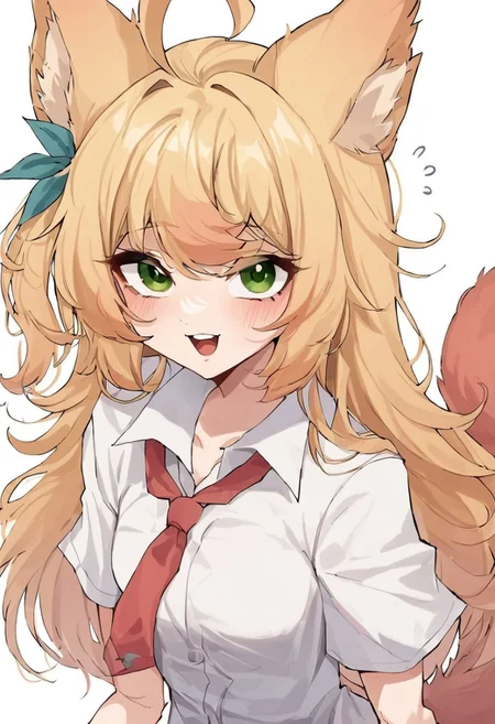 score_9, score_8_up, score_7_up, aya, 1girl, animal ears, solo, blonde hair, long hair, ahoge, smile, blush, open mouth, green eyes, aya, 1girl, small breasts, animal ear, squirrel girl, squirrel tail, blonde hair, long hair