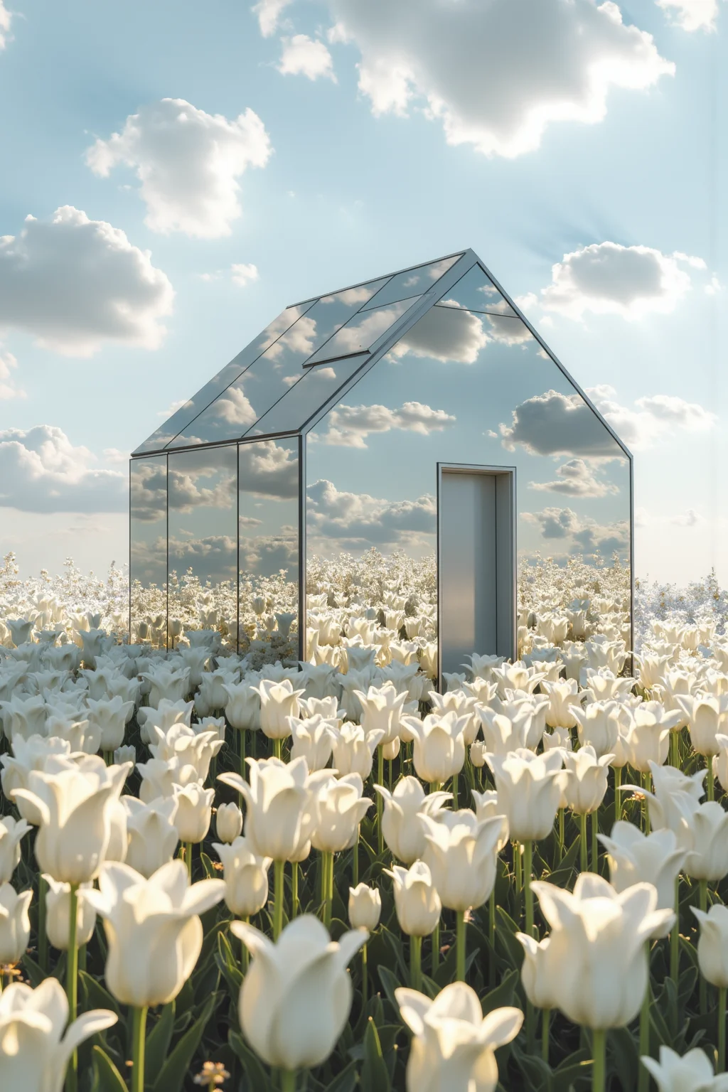 CynthiaArch. This image presents a captivating surreal scene, with a small mirrored house as the central subject. The structure is minimalistic, outlined with fine lines, taking on a simple geometric shape. The mirrored surface reflects the surrounding sky and clouds, making the building almost blend seamlessly into the background, as if camouflaged within the landscape. Surrounding the house is a field of blooming white tulips, densely arranged, with their pure white petals glowing softly under the sunlight, creating a serene and pristine atmosphere. Small wildflowers are interspersed among the tulips, adding delicate details to the field. The background features a pale blue sky with gentle clouds, with light cascading down from the horizon, softly illuminating the entire scene, making the mirrored house and tulip field complement each other beautifully. This scene, through the reflective effect of the mirrored structure and the intricately depicted field of flowers, evokes a harmonious and surreal aesthetic, as if it were a gateway to another realm.