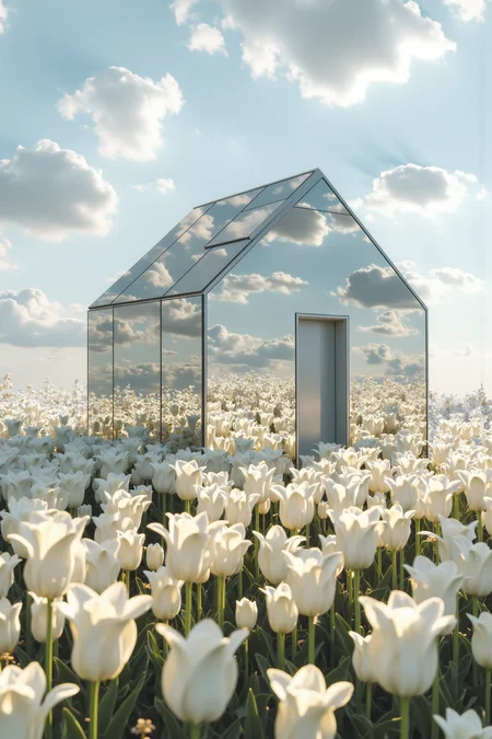 CynthiaArch. This image presents a captivating surreal scene, with a small mirrored house as the central subject. The structure is minimalistic, outlined with fine lines, taking on a simple geometric shape. The mirrored surface reflects the surrounding sky and clouds, making the building almost blend seamlessly into the background, as if camouflaged within the landscape. Surrounding the house is a field of blooming white tulips, densely arranged, with their pure white petals glowing softly under the sunlight, creating a serene and pristine atmosphere. Small wildflowers are interspersed among the tulips, adding delicate details to the field. The background features a pale blue sky with gentle clouds, with light cascading down from the horizon, softly illuminating the entire scene, making the mirrored house and tulip field complement each other beautifully. This scene, through the reflective effect of the mirrored structure and the intricately depicted field of flowers, evokes a harmonious and surreal aesthetic, as if it were a gateway to another realm.