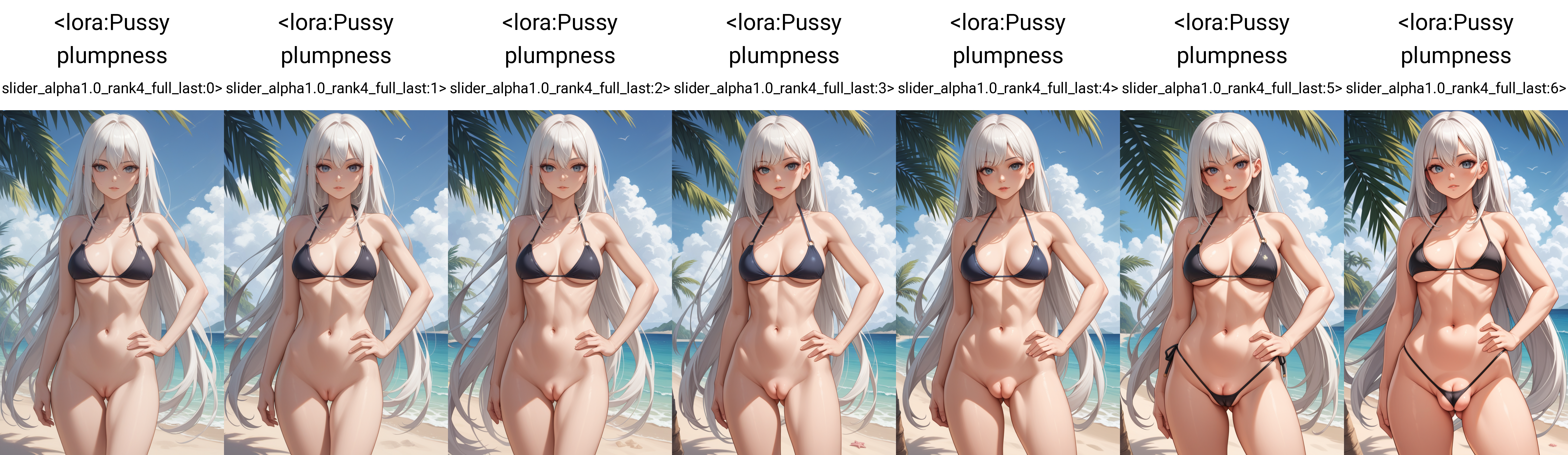 score_9, score_7_up,  1girl, pussy, standing, looking at viewer, hand on own hip, bikini, beach, white hair, hair, bikini top only,  very long hair,    <lora:Pussy plumpness slider_alpha1.0_rank4_full_last:0>