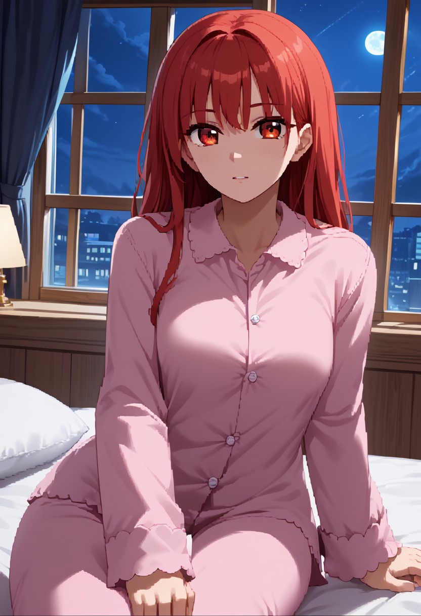 score_9,score_8_up,score_7_up,source_anime,5_figner,2d_animation,game cg,BREKE,1girl,solo,
gimmick girl,red hair,red eyes,bangs,long hair,
pink pajamas,
bad,pillow,room,window,curtain,night,
masterpiece,best qualit,ultra-detailed,illustration,an extremely delicate and beautiful,beautiful detailed eyes,unity 8k wallpaper,high resolution,anime CG,official_art,
