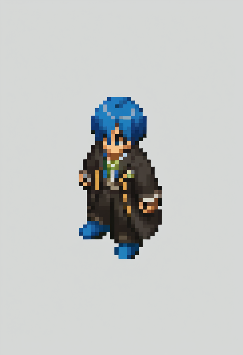 score_9, score_8_up, score_7_up, source_anime, BREAK, solo, 1boy, <lora:FFT-SpritesV2-pdxl_Fp:1>, looking at viewer, straight-on, full body, standing, solid oval eyes, no mouth, no nose, pixel art, from side, <lora:MakotoP3-pdxl_Fp:0.8>, makotop3, school uniform, gekkoukan high, blue hair, blue eyes, short hair, black jacket, hair over one eye, black pants, blue footwear, dress shirt,